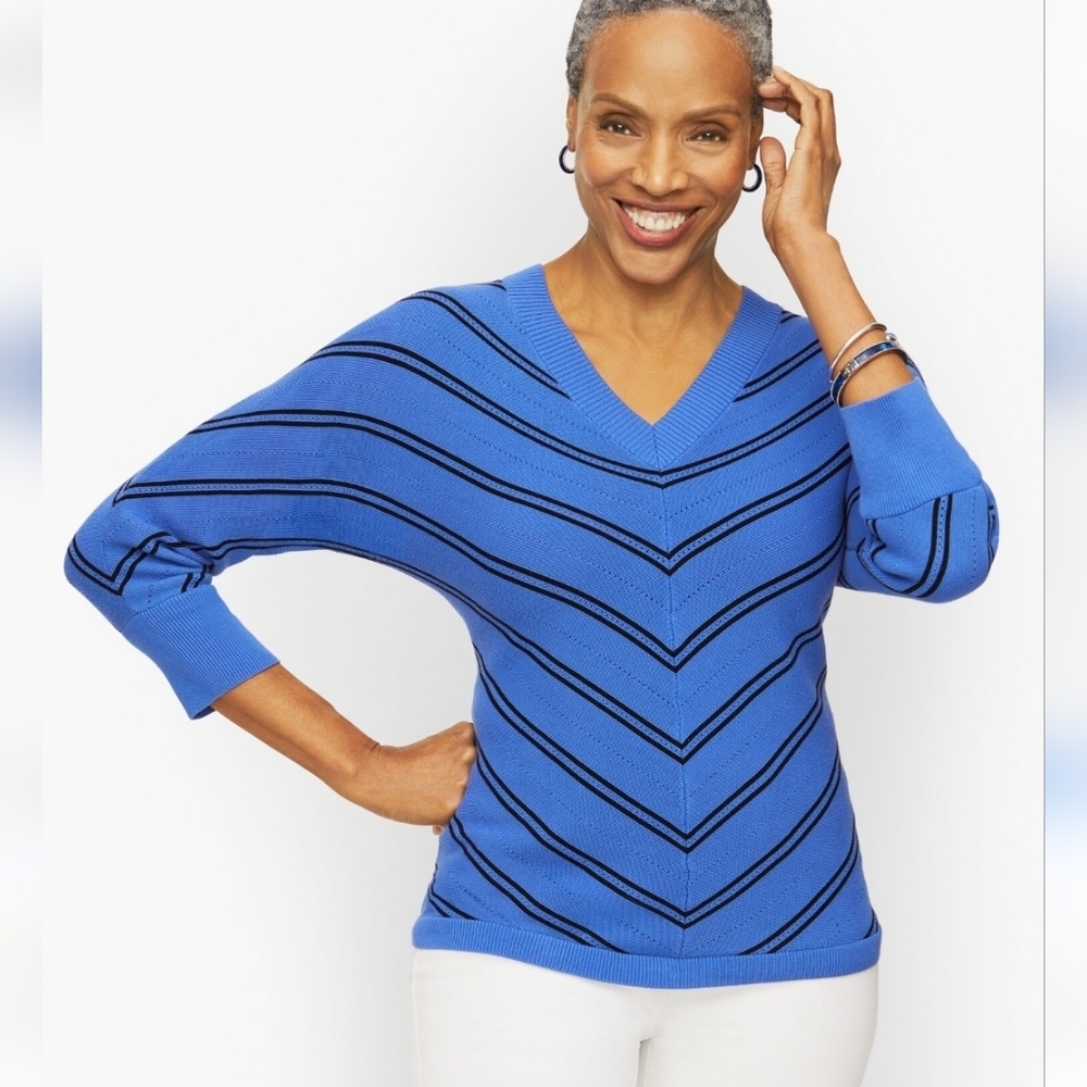 Talbots Blue V-Neck Sweater with Black Stripe Detail Size XL